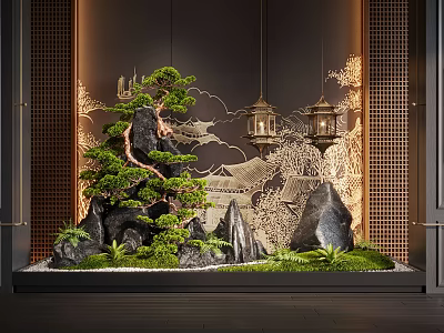 Traditional Chinese Indoor Landscape with Rockery Pine Tree Carved Wall and Hanging Lanterns 3d model