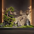 Traditional Chinese Indoor Landscape with Rockery Pine Tree Carved Wall and Hanging Lanterns