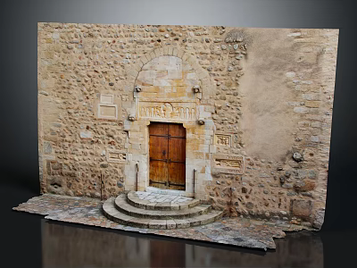 Ancient Stone Building Entrance With Arched Doorway Wooden Door And Stone Steps 3d model