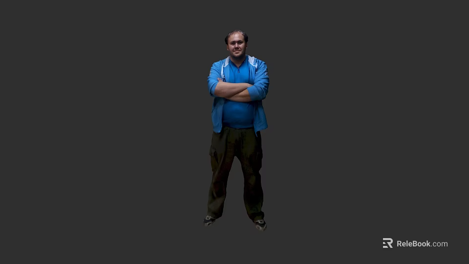 A man wearing a blue jacket with arms crossed standing against gray background 3d model 