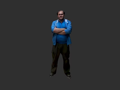 A man wearing a blue jacket with arms crossed standing against gray background 3d model