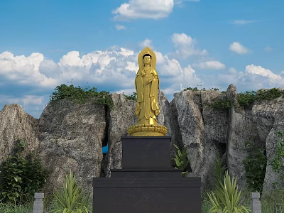 Golden Guanyin Sculpture with Rocky Background Blue Sky and Green Plants 3d model