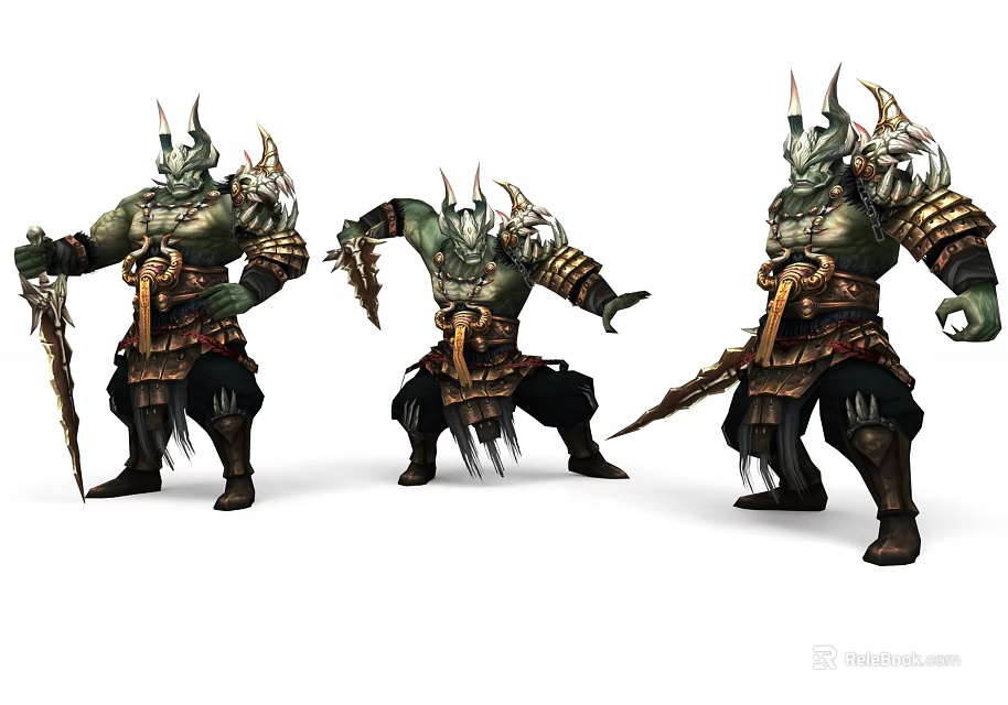 Game And Movie Character Horned Armored Fantasy Warrior Wielding Weapons In Different Battle Stances 3d model 