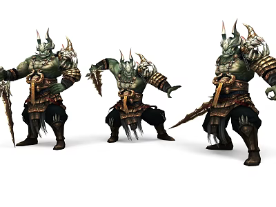 Game And Movie Character Horned Armored Fantasy Warrior Wielding Weapons In Different Battle Stances 3d model