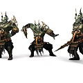 Game And Movie Character Horned Armored Fantasy Warrior Wielding Weapons In Different Battle Stances