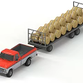 Red and Gray Vintage Truck Hauling Hay Bales on Trailer
