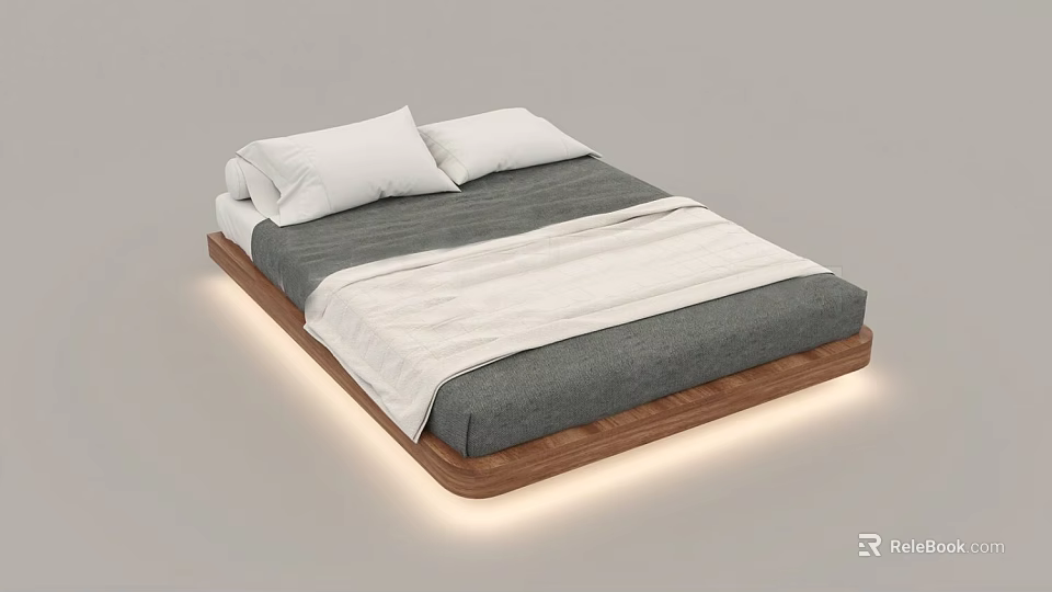 Modern Minimalist Double Bed with Wooden Frame Gray Mattress White Pillows and Quilt LED Lights 3d model 