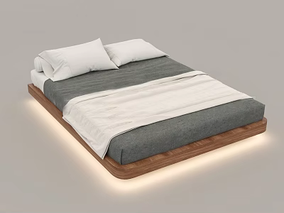 Modern Minimalist Double Bed with Wooden Frame Gray Mattress White Pillows and Quilt LED Lights 3d model