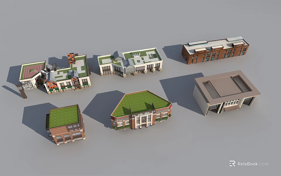 Commercial Complex Featuring Multiple Modern Buildings With Green Roof Architectural Design 3d model