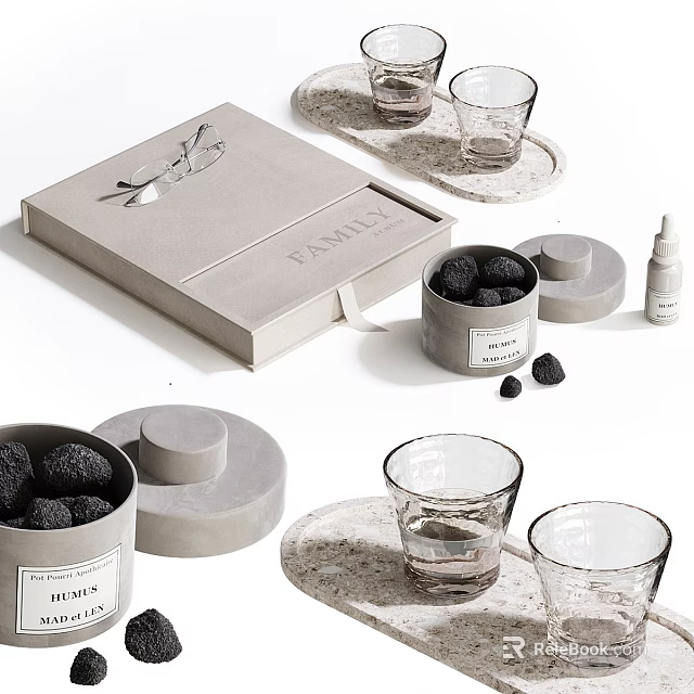 Elegant Decorative Ornament Set With Grey Box Black Spheres Glass Cups And Round Lids 3d model 