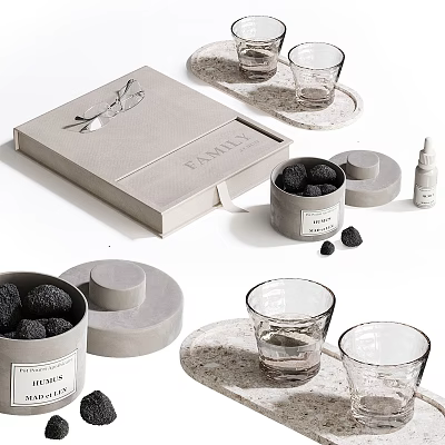 Elegant Decorative Ornament Set With Grey Box Black Spheres Glass Cups And Round Lids 3d model