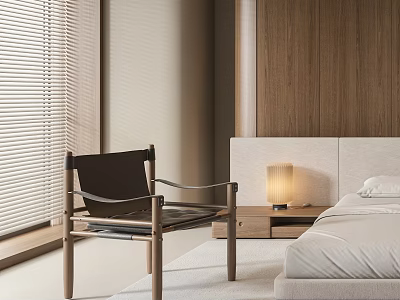 Modern Accent Chair With Wooden Frame In Bedroom By Bedside Table Lamp And Window Blinds 3d model