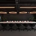 Modern Conference Room Interior With Long Table Red White Chairs Large Screen And Pendant Lighting
