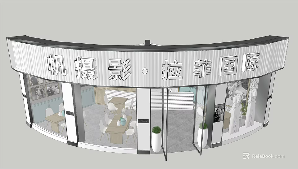 Elegant Photography Studio In Shopping Mall With Glass Doors And Green Plants 3d model 