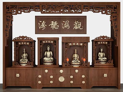 Traditional Wooden Buddhist Shrine Cabinet With Intricate Carvings Buddha Statues And Decorative Drawers 3d model