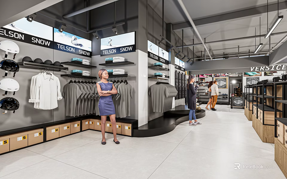 Modern Clothing Store Interior With Clothes Racks Customers And Digital Brand Screens 3d model 