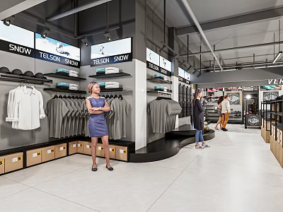 Modern Clothing Store Interior With Clothes Racks Customers And Digital Brand Screens 3d model