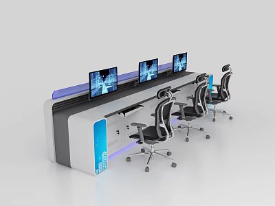 Modern Control Console With Digital Monitors Ergonomic Chairs And LED Lighting 3d model