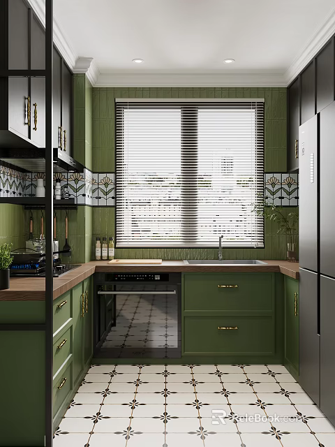 Stylish Retro Green Kitchen With Wooden Countertop Decorative Wall Tiles And Well Equipped Home Appliances 3d model 