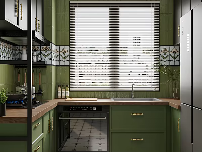 Stylish Retro Green Kitchen With Wooden Countertop Decorative Wall Tiles And Well Equipped Home Appliances 3d model