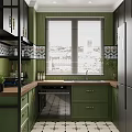 Stylish Retro Green Kitchen With Wooden Countertop Decorative Wall Tiles And Well Equipped Home Appliances