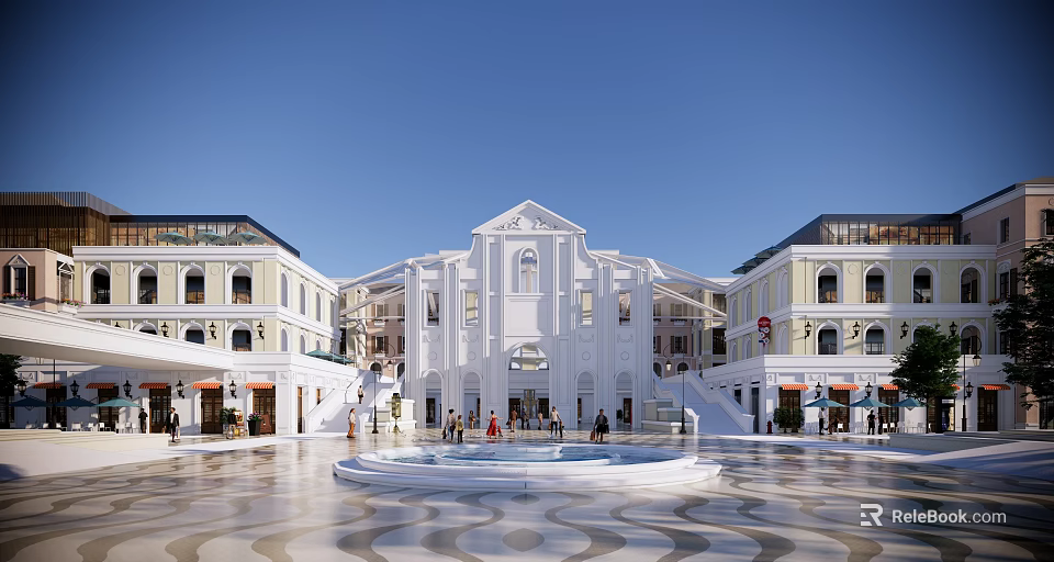 Modern Commercial Street Plaza With White Buildings Central Fountain And Crowded People 3d model 