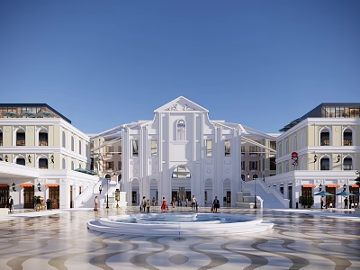 Modern Commercial Street Plaza With White Buildings Central Fountain And Crowded People 3d model