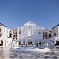 Modern Commercial Street Plaza With White Buildings Central Fountain And Crowded People
