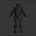Detailed Game Movie Character In Metallic Armor With Blue Accents And Shiny Surface