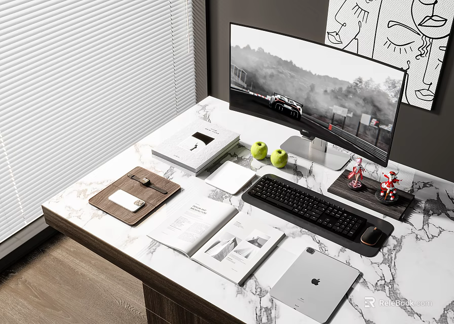 Stylish Computer Workspace On Marble Desk With Curved Monitor Keyboard Mouse And Tablet 3d model 