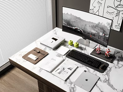 Stylish Computer Workspace On Marble Desk With Curved Monitor Keyboard Mouse And Tablet 3d model