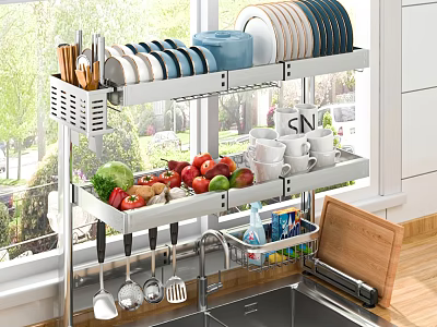 Kitchen Cabinets With Two Tier Shelf Dishes Bowls Mugs Fruits Vegetables And Utensils 3d model