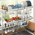 Kitchen Cabinets With Two Tier Shelf Dishes Bowls Mugs Fruits Vegetables And Utensils