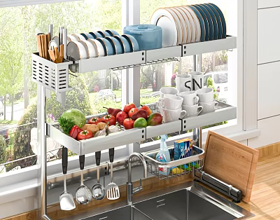 Kitchen Cabinets With Two Tier Shelf Dishes Bowls Mugs Fruits Vegetables And Utensils 3d model