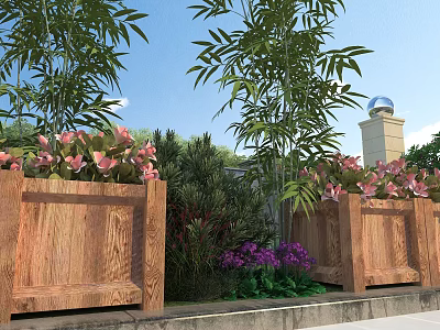 Tranquil Garden Landscape With Wooden Planters Pink Flowers Bamboo And Purple Blooms 3d model