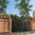 Tranquil Garden Landscape With Wooden Planters Pink Flowers Bamboo And Purple Blooms