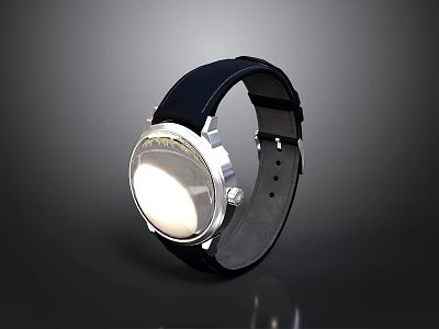 Stylish Daily Life Watch With Black Leather Strap And Silver Round Dial 3d model