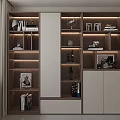 Modern Wooden And White Display Cabinet With Multiple Shelves Books Decorations Photo Frames And Sculptures