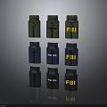 Various Colored Tactical Weapons with POLICE FBI Markings Arranged in Multiple Rows
