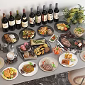 Assorted Delicious Food Dishes on Dining Table With Wine Bottles and Fresh Fruits