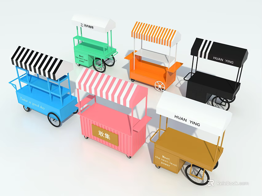 Colorful Mobile Food Carts Featuring Striped Canopies And Various Designs For Street Vending 3d model 