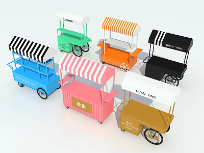 Colorful Mobile Food Carts Featuring Striped Canopies And Various Designs For Street Vending 3d model