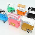 Colorful Mobile Food Carts Featuring Striped Canopies And Various Designs For Street Vending
