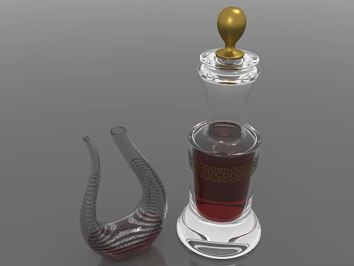 Clear Glass Wine Bottle With Red Liquid Golden Cap And Curved Striped Wine Glass 3d model