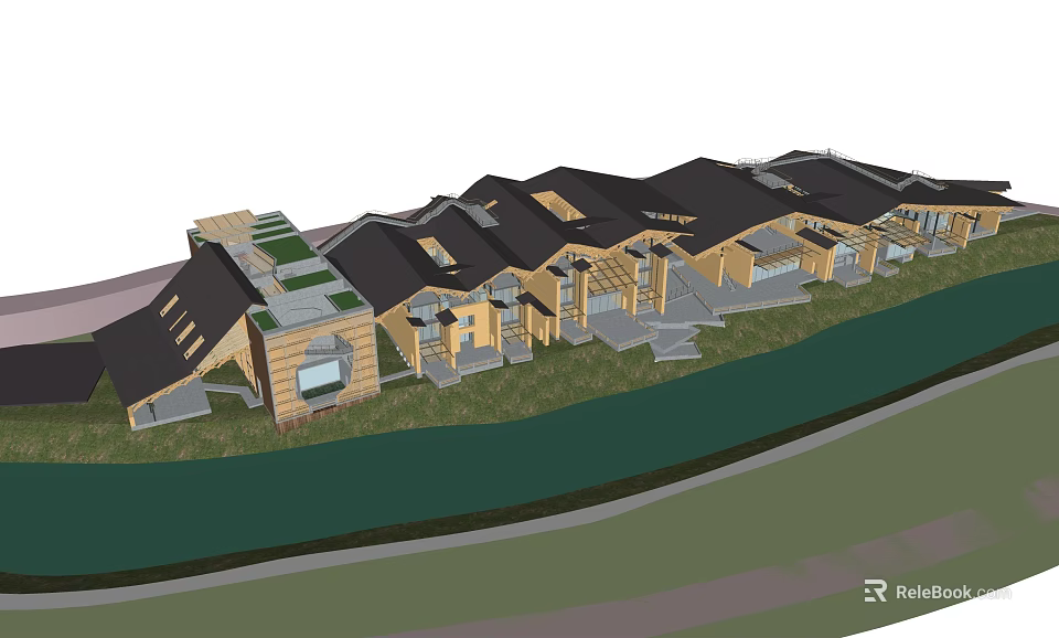 Modern Museum Building Design Featuring Sloped Roofs Glass Facades And Green Lawn 3d model 