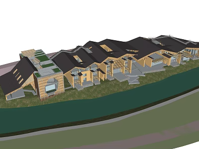 Modern Museum Building Design Featuring Sloped Roofs Glass Facades And Green Lawn 3d model