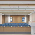 Modern Conference Room Interior With Rows of Gray Chairs Podium Large Screen and Ceiling Lights