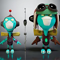 Two Anthropomorphic Blue Green Cartoon Creatures With Goggles Headphones Backpacks And Central Antenna