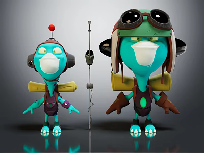 Two Anthropomorphic Blue Green Cartoon Creatures With Goggles Headphones Backpacks And Central Antenna 3d model