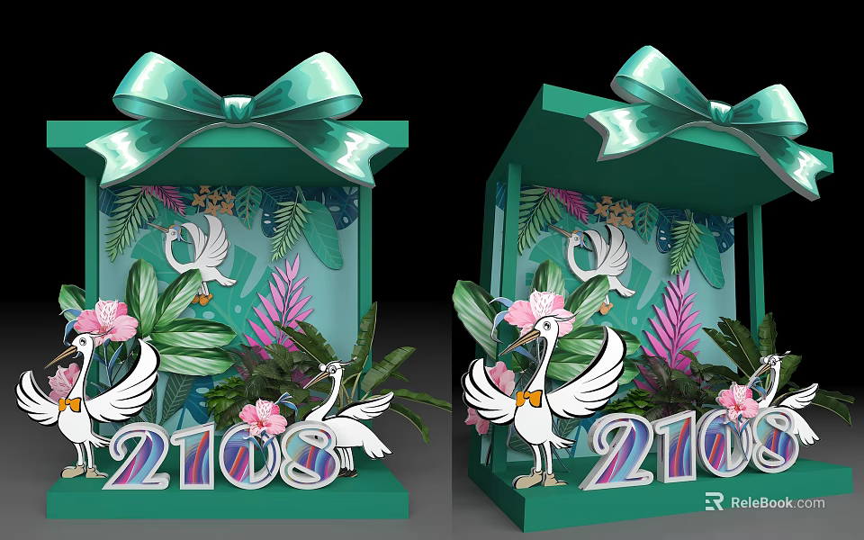 Green Decorative Boxes With Large Bows Tropical Plants Flowers Swan Decorations And Numbers 2108 2109 3d model 